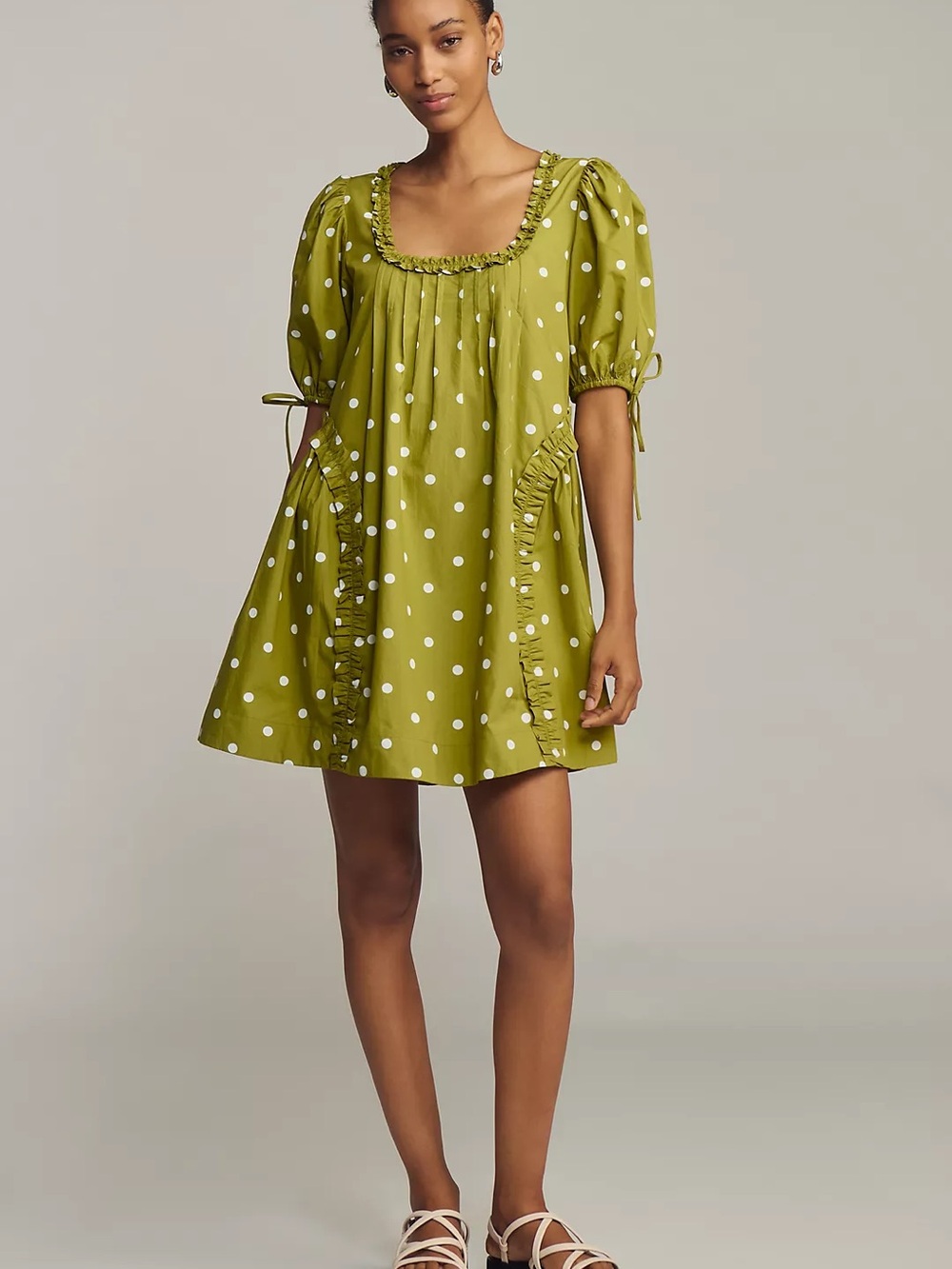 100% COTTON Polka Dot Puff Sleeve Mini Dress in Olive Green